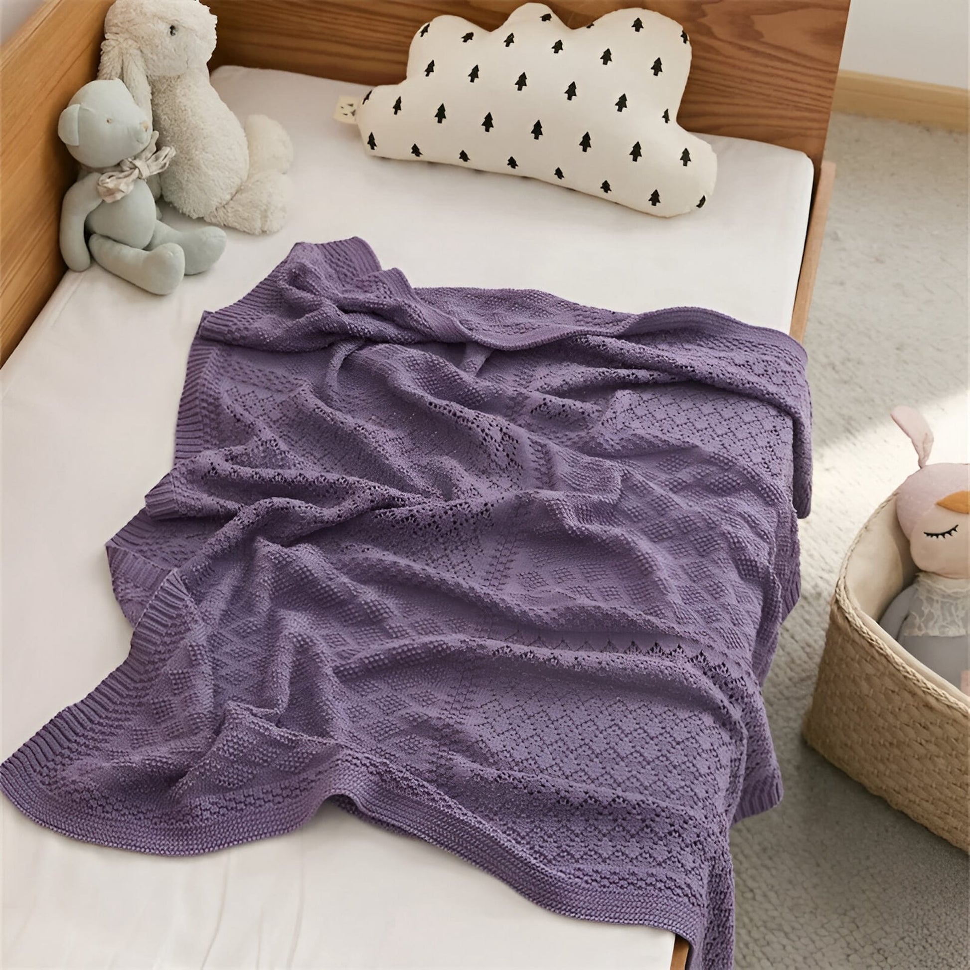 OEKO-TEX® Purple Dream Knitted Cotton Blanket draped on bed with teddies - Bambisserie
