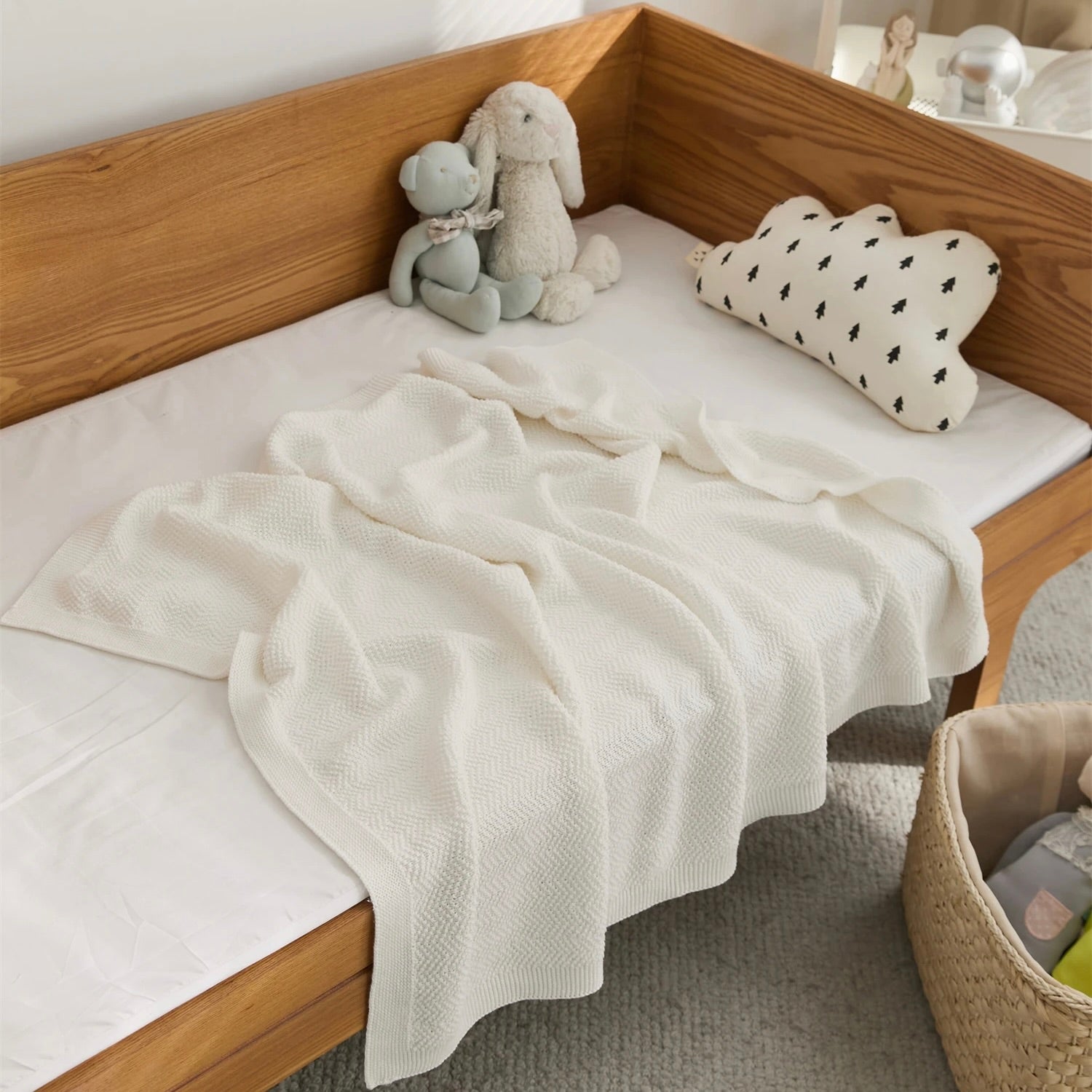 OEKO-TEX® White Waves Knitted Cotton Blanket - Side View - Bambisserie