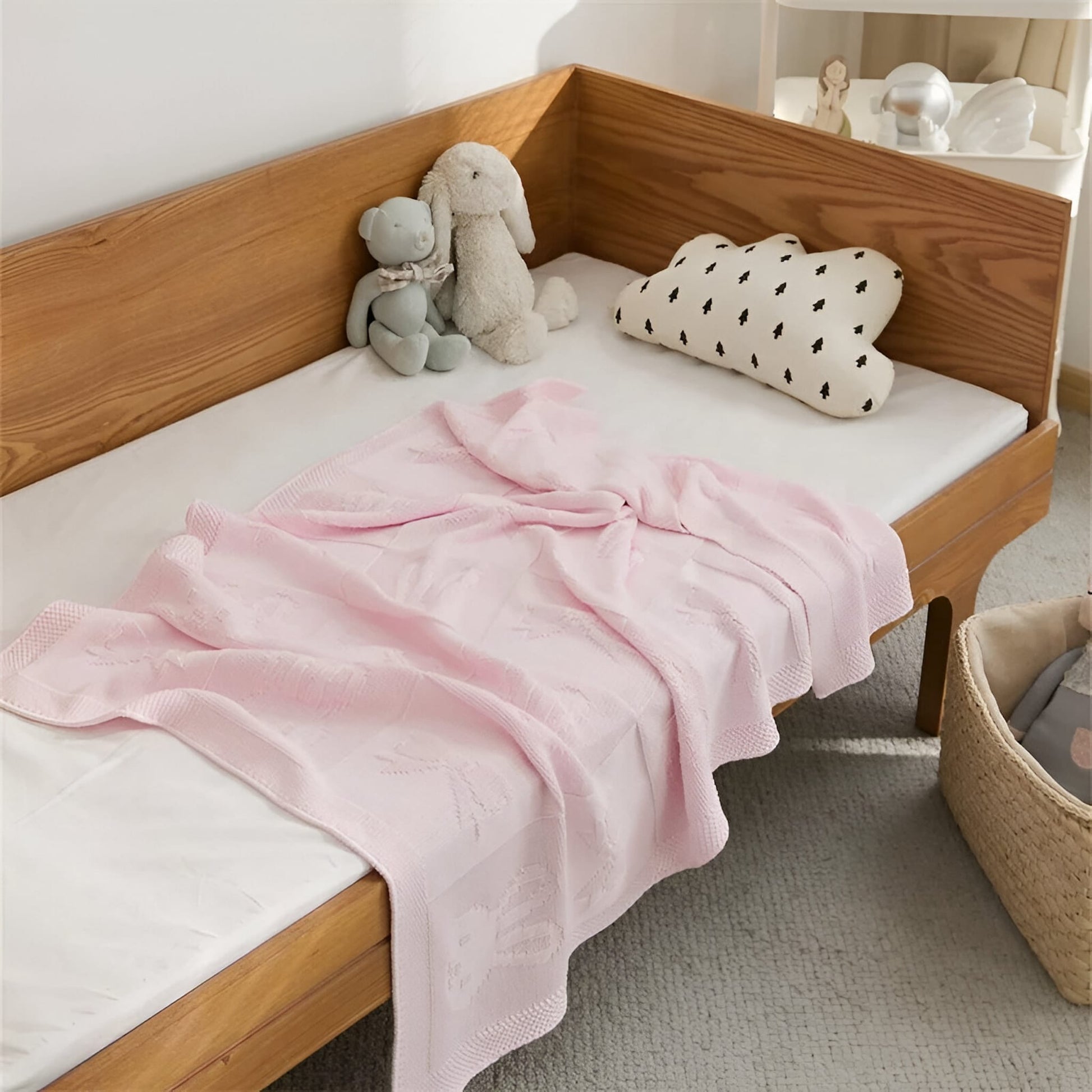 OEKO-TEX® Pink Bunny Knitted Cotton Blanket - Draped on side - Bambisserie