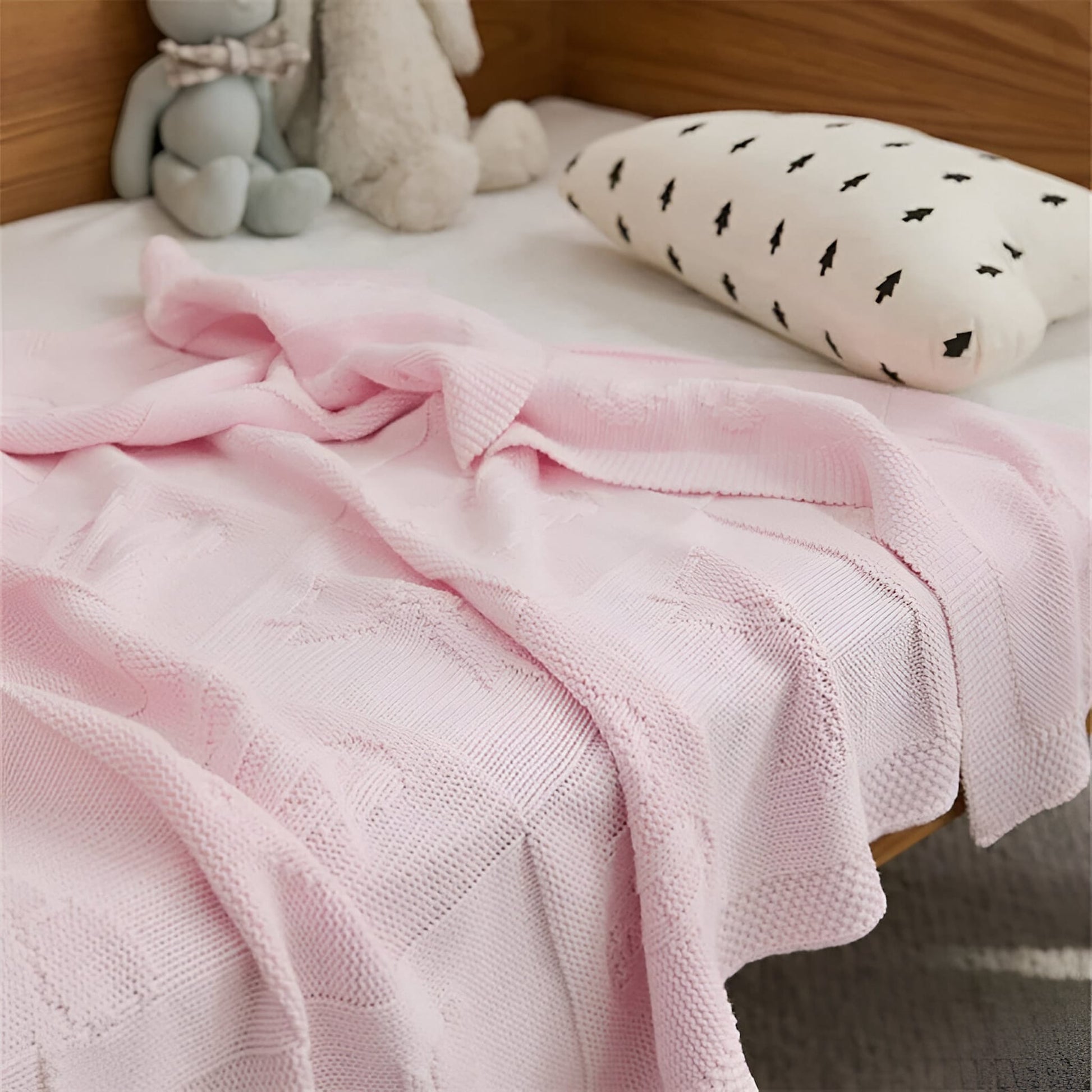 OEKO-TEX® Pink Bunny Knitted Cotton Blanket - Side Detail - Bambisserie