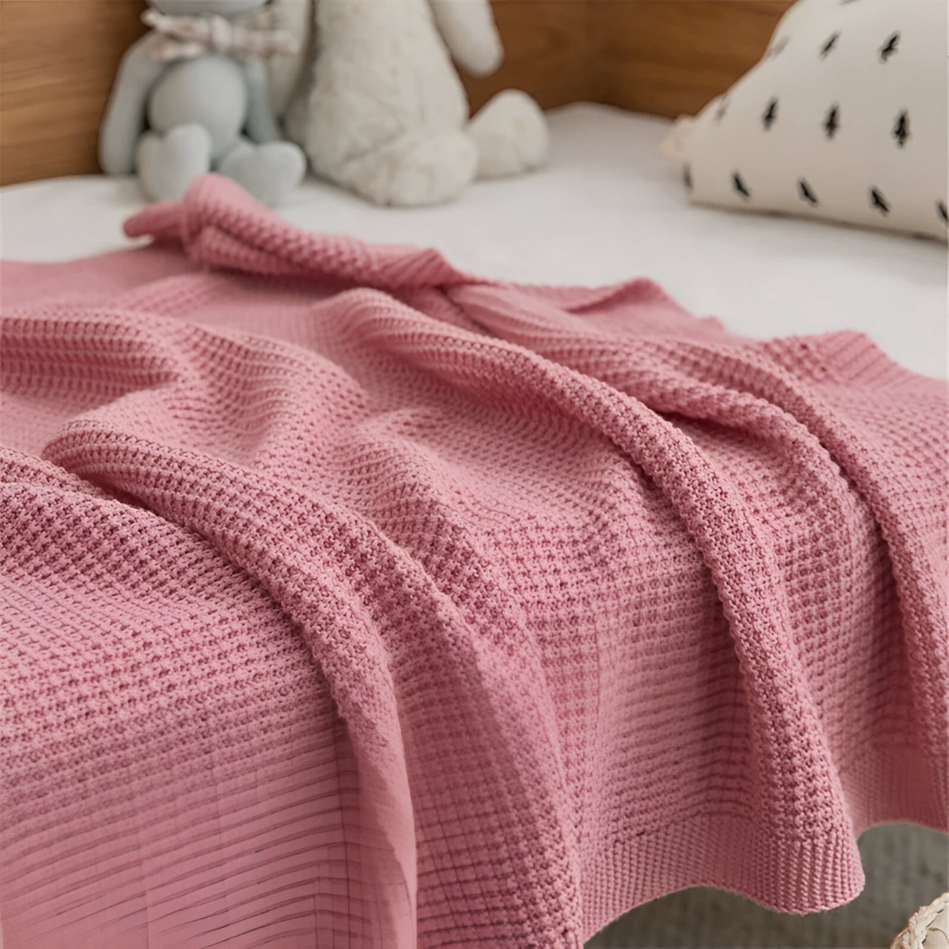 OEKO-TEX® Pink Waffle Knitted Cotton Blanket - Side Detail - Bambisserie