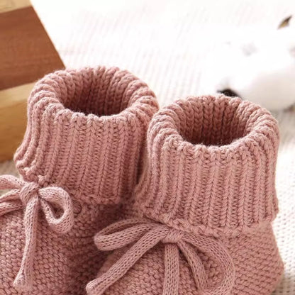 Pink Knit Baby Booties with Bow (9-12cm)