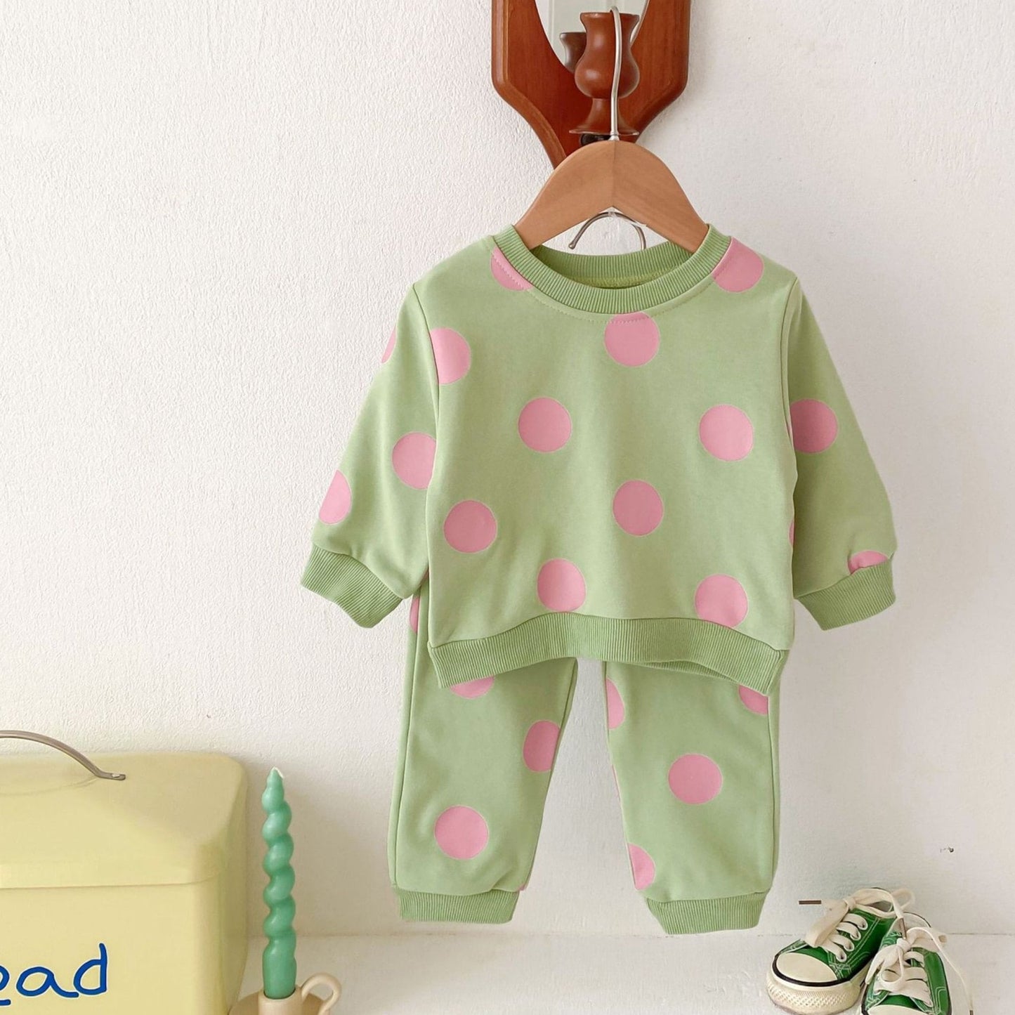 Polka Pop Cotton Lounge Set, Green (6m-4yrs)