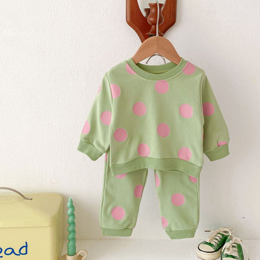 Polka Pop Cotton Lounge Set, Green (6m-4yrs)
