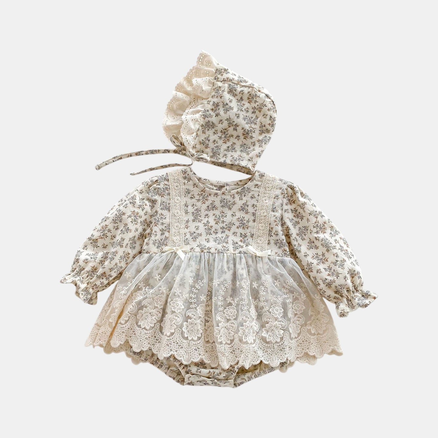 Rena Floral Romper Dress & Bonnet Set - Cream (3m-24m)