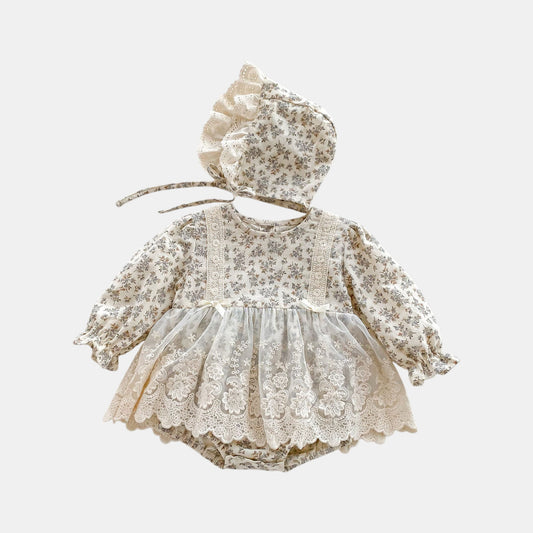 Rena Floral Romper Dress & Bonnet Set - Cream (3m-24m)