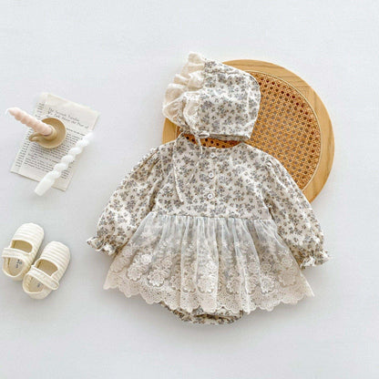 Rena Floral Romper Dress & Bonnet Set - Cream (3m-24m)