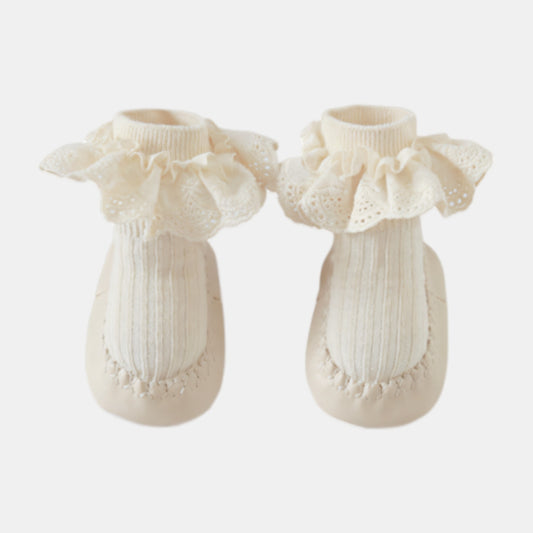 Ruffle Lace Baby Slipper Socks, Beige (11-13cm)