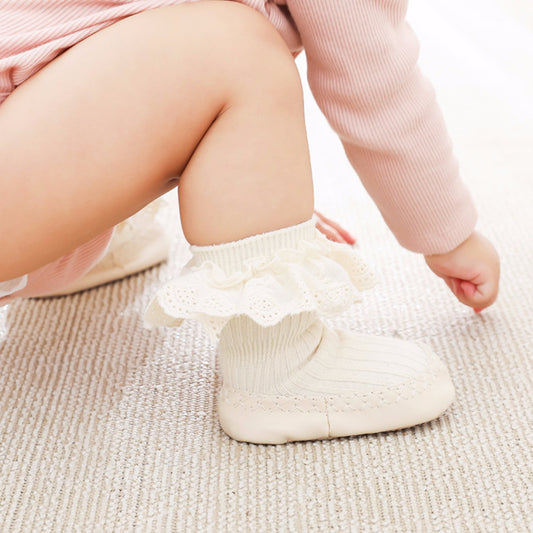 Ruffle Lace Baby Slipper Socks, Beige (11-13cm)