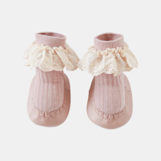 Ruffle Lace Baby Slipper Socks, Powder Pink (11-13cm)