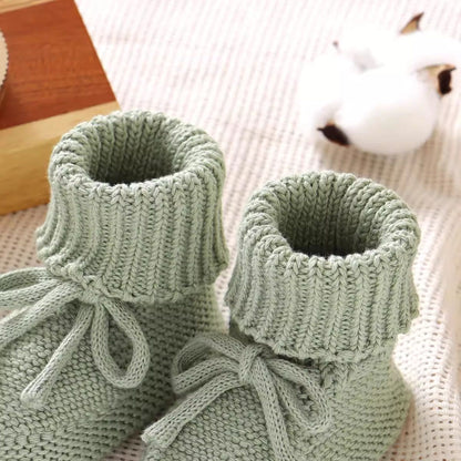 Sage Knit Baby Booties with Bow (9-12cm)