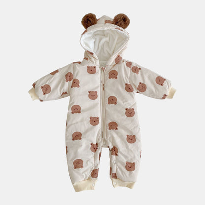 Baby pramsuit with bear pattern on a white background