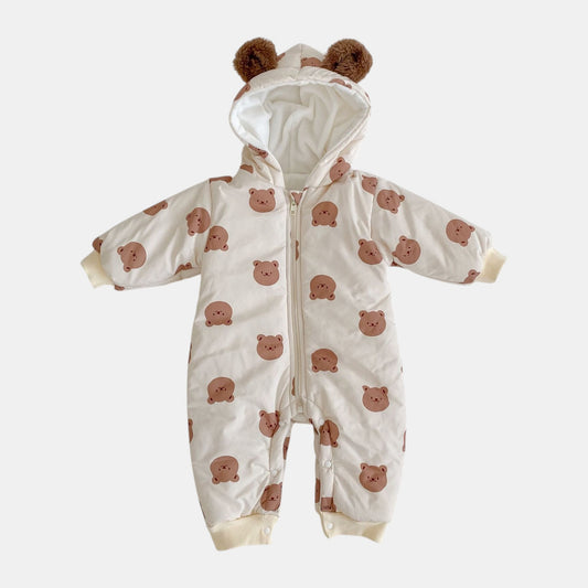 Baby pramsuit with bear pattern on a white background