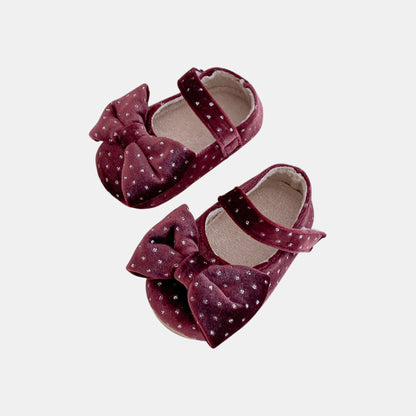 Velvet Bow Baby Shoes - Burgundy (11-13cm)