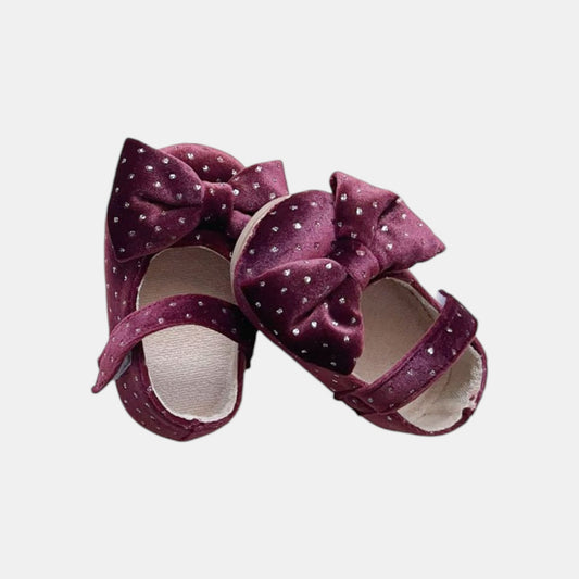 Velvet Bow Baby Shoes - Burgundy (11-13cm)