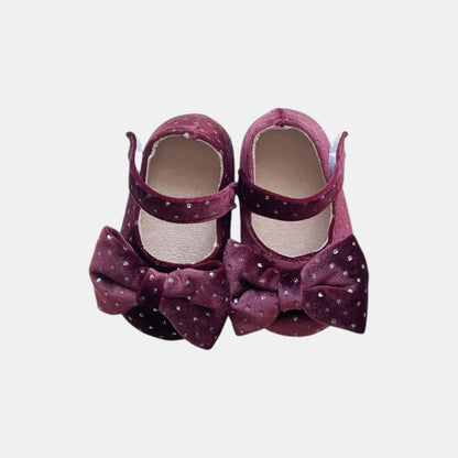Velvet Bow Baby Shoes - Burgundy (11-13cm)