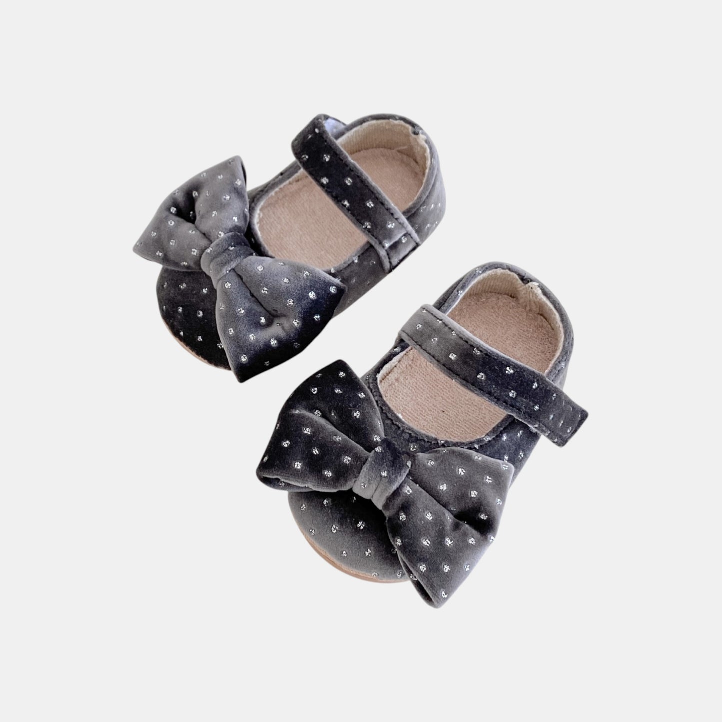 Velvet Bow Baby Shoes - Grey (11-13cm)