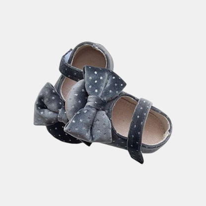 Velvet Bow Baby Shoes - Grey (11-13cm)