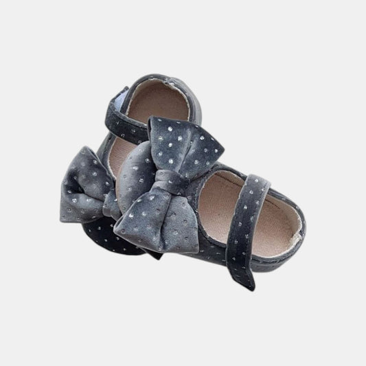 Velvet Bow Baby Shoes - Grey (11-13cm)