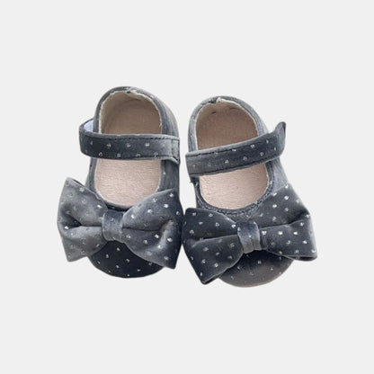 Velvet Bow Baby Shoes - Grey (11-13cm)