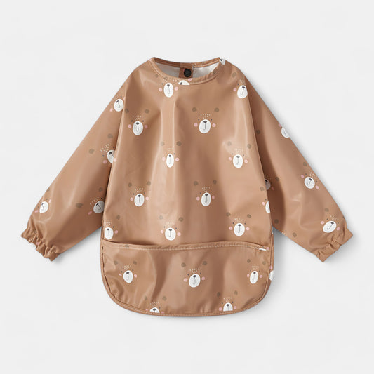 Waterproof Long Sleeve Pocket Bib, Blushing Bear - Bambisserie