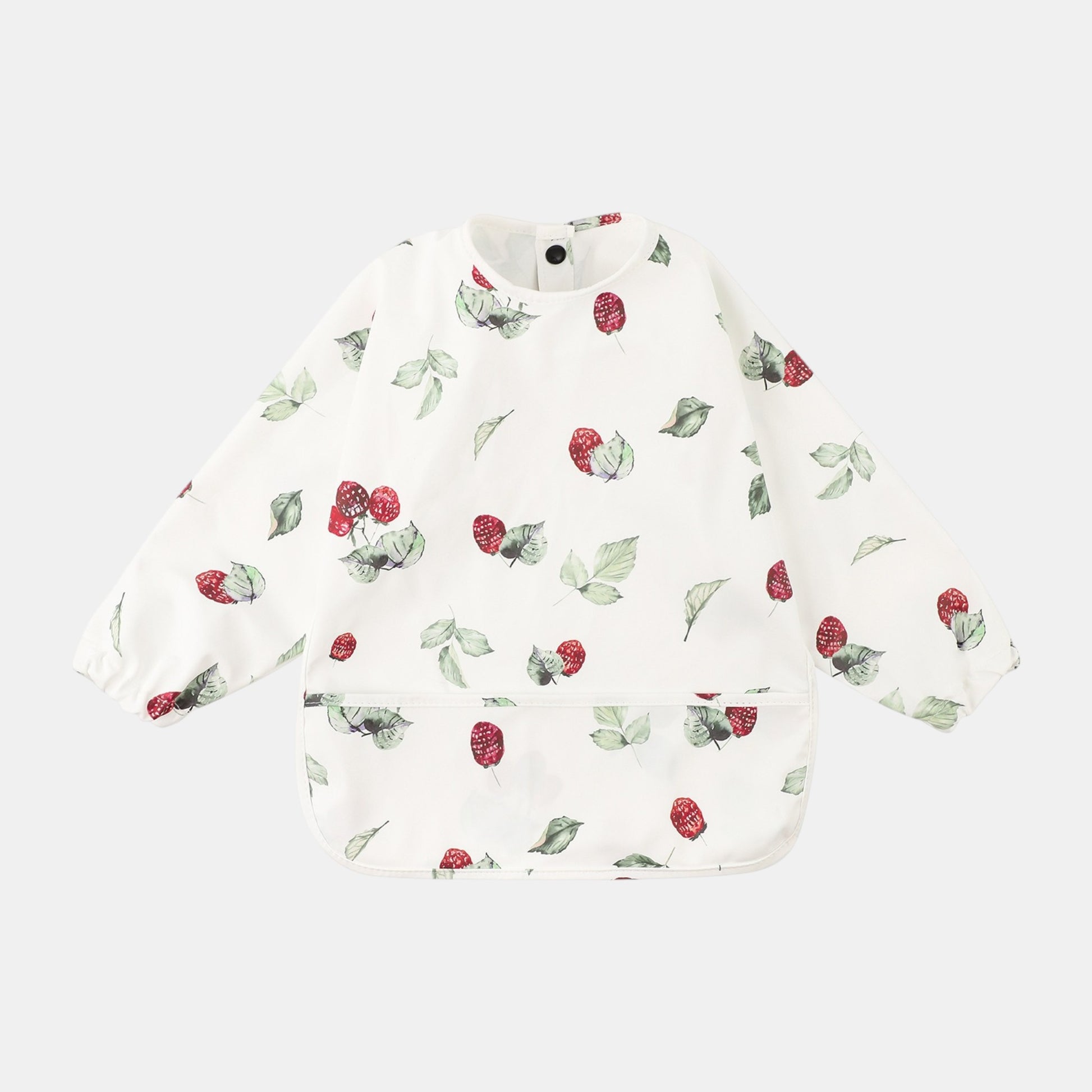 Baby bib with strawberry pattern on a white background