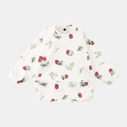 Baby bib with strawberry pattern on a white background