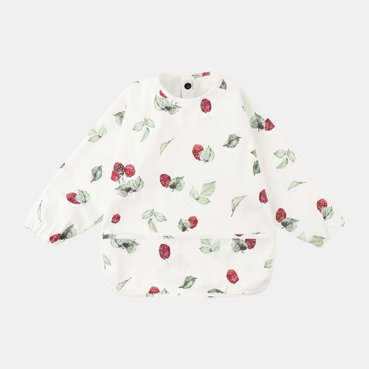 Baby bib with strawberry pattern on a white background