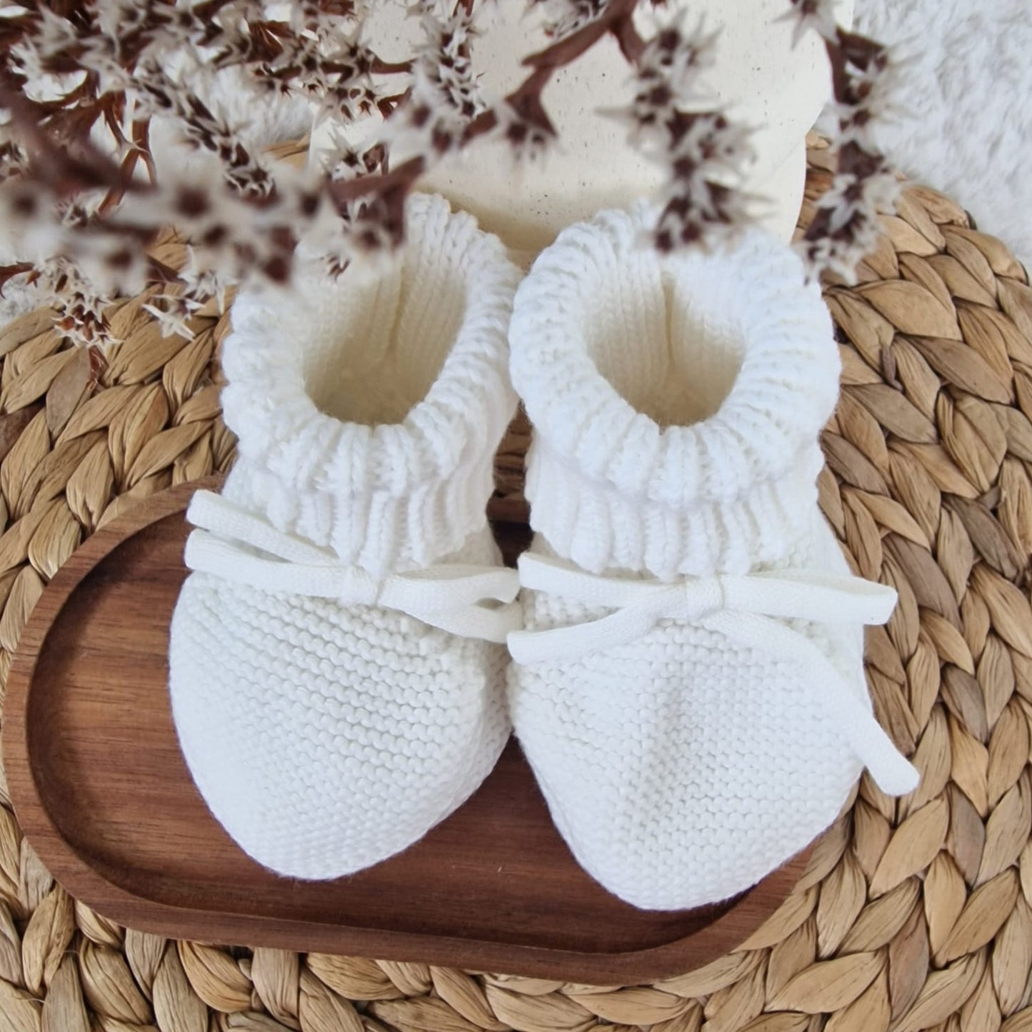White Knit Baby Booties with Bow (9-12cm)